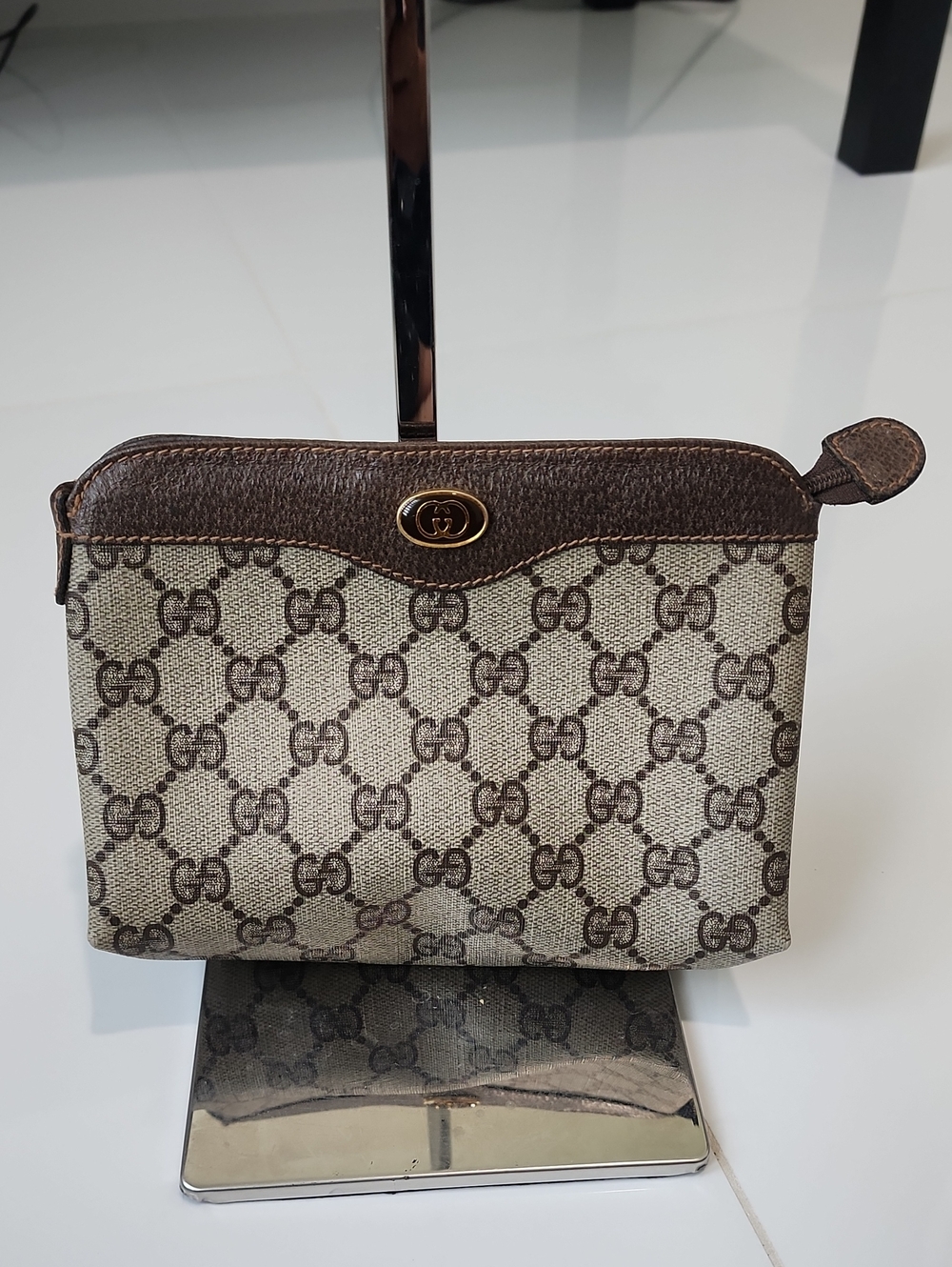 Gucci Brown GG Canvas Cosmetic Pouch with Leather Trim